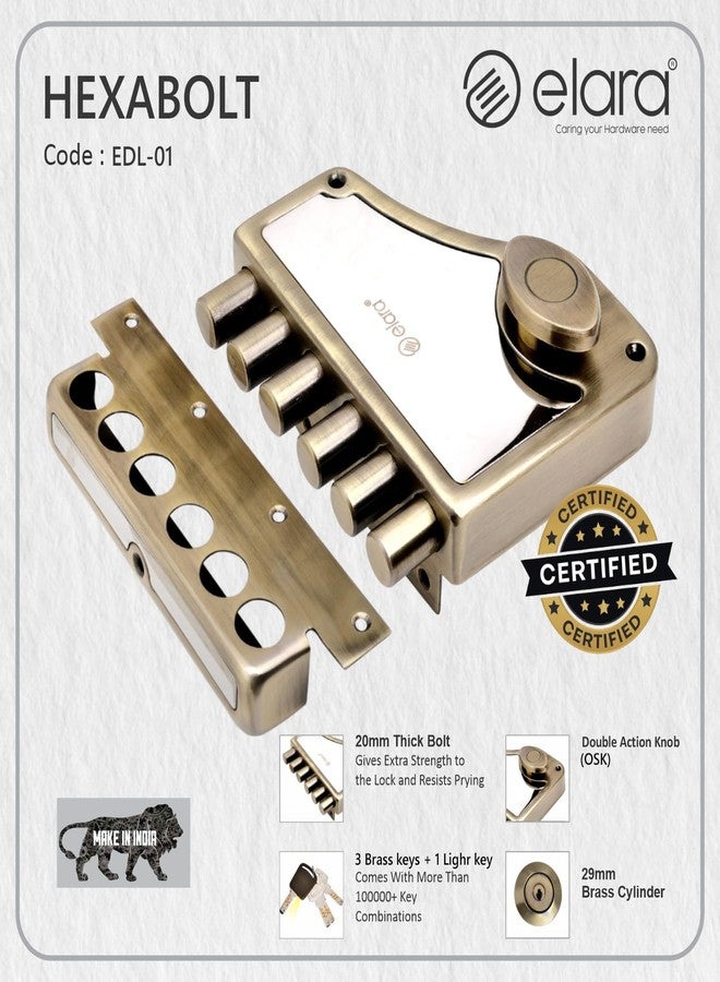 إلارا قفل باب Elara Deadbolt Hexabolt 1CK، قفل حافة، مزلاج للمنزل، أقفال أبواب للباب الرئيسي مع 4 مفاتيح نحاسية قابلة للعكس (عتيق، EDL-01، Hexabolt، مفتاح فائق) - Image 5
